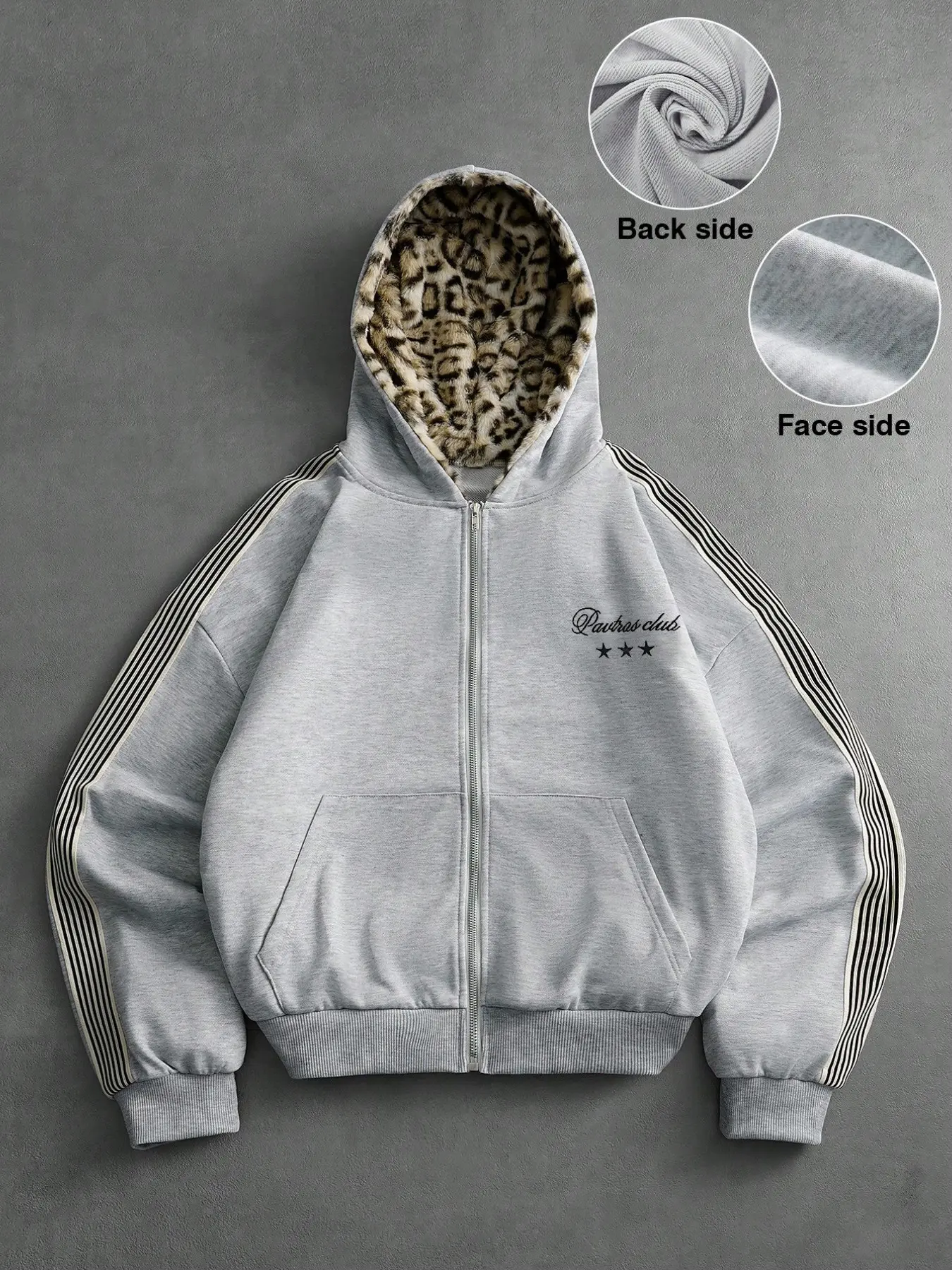 Unisex Preppy Sweatshirt, Embroidered Letter Design, Leopard Pattern Lining, Hoodie, All-Season Everyday Streetwear, Loose Fit