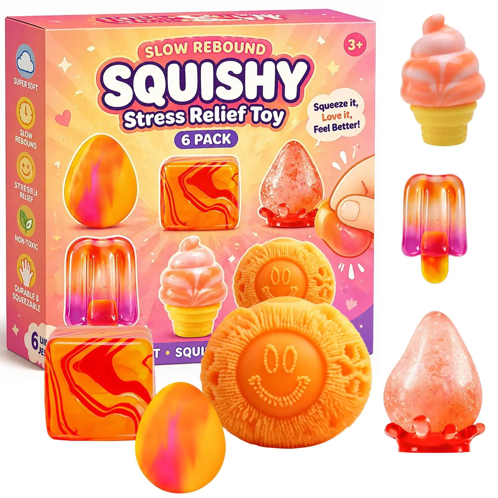 6-Piece Soft Stress Relief Toy Set, Slow Rising Jelly Squishy Puzzle Toys, Ice Cream Cone Cube Squishies, Kids Adult Party Gifts