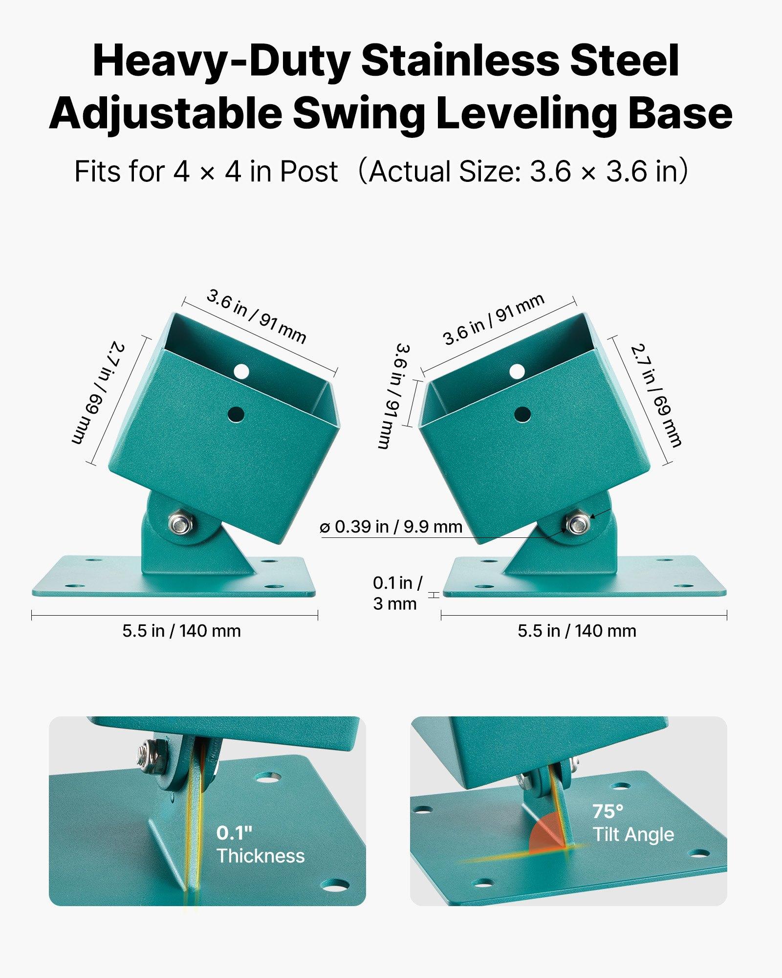 VEVOR Swing Set Brackets, 4 Pack Heavy Duty Swing Set Leveling Hardware, Fits 4 x 4 in Post (Actual 3.6 x 3.6 in), 45°-60° Angle Range, Stainless Steel Anchor Level Kit on Uneven Grass Wooden Ground