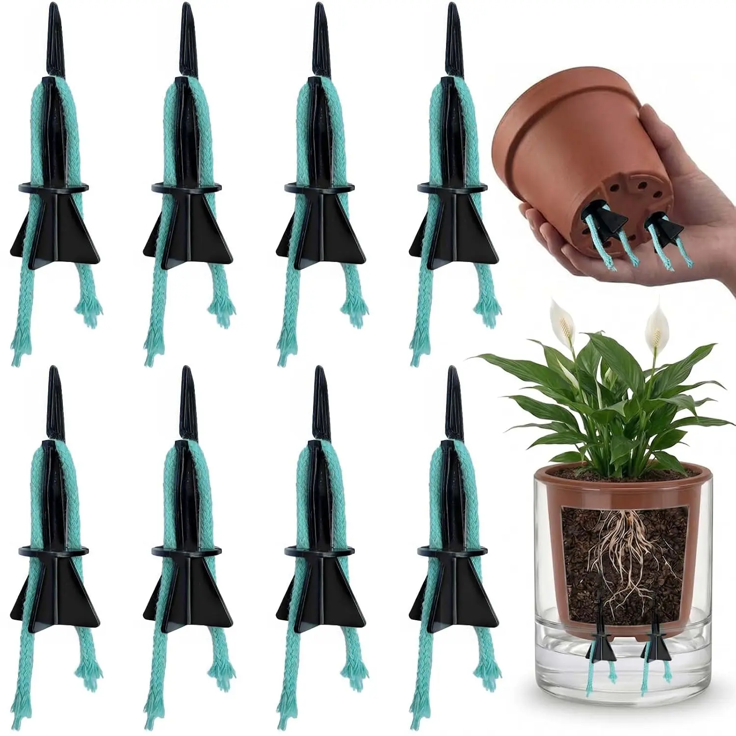 8 Pack DIY Root Self Watering Spikes with  Rope,Turn Pot Into Self Watering,  Waterer, Automatic Capillary Wick Watering System for Seedlings & Potted