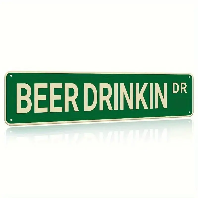 Vintage Tin Beer Drinking Road Sign - 16x4 In Durable Eco-Friendly Metal Wall Art Plaque, Vintage Plaque Decoration, Bar Man Cave Decor, Festive Gift Pick, Pre-Drilled Holes Home Decor Supply
