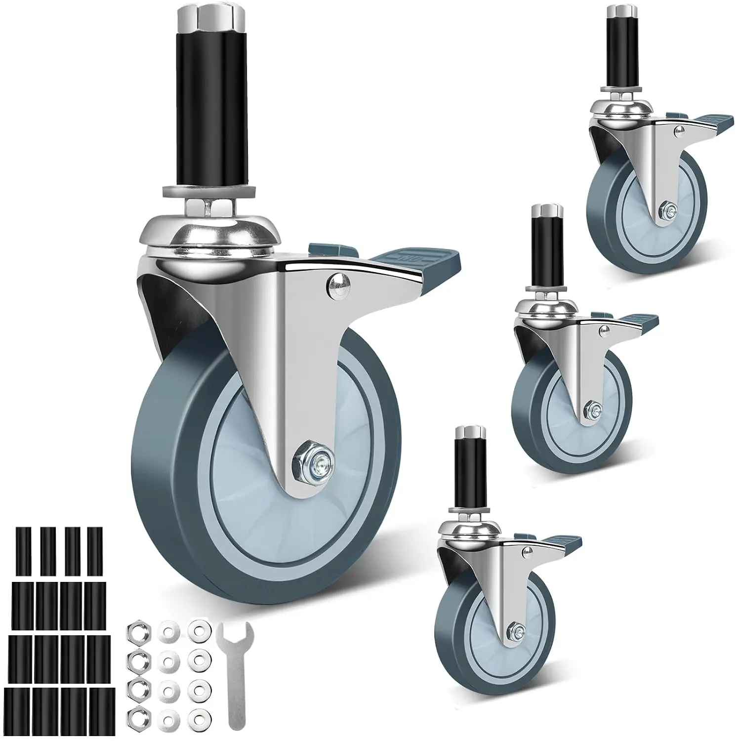 4 Inch Expanding Stem Casters Set of 4, Wheels for Wire Shelving Racks with Locking ,Swivel Casters Fit 7/8", 1", 1-1/8",/8" Tube  for Furniture, Kitchen Cart, Table