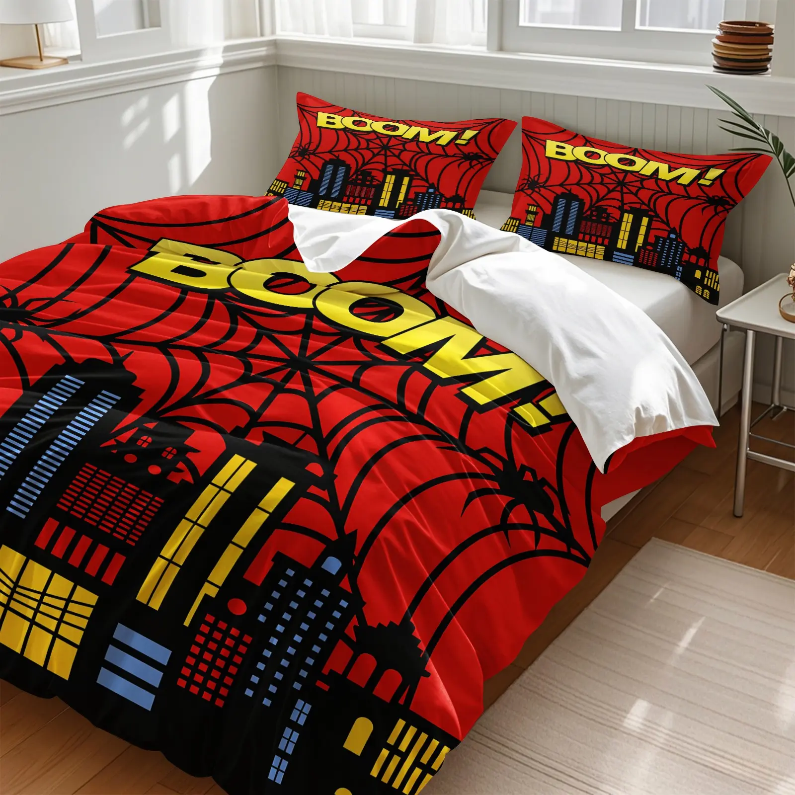 3PCS Red Spider Web City Boom Comic Duvet Cover Set (1 Duvet Cover + 1-2 Pillowcases), Cartoon City Silhouette Hero Style HD Digital Print, Soft Cozy Skin-Friendly All Seasons Bedding, Decorative Duvet Cover, Perfect for Superhero Boys Bedroom Decor