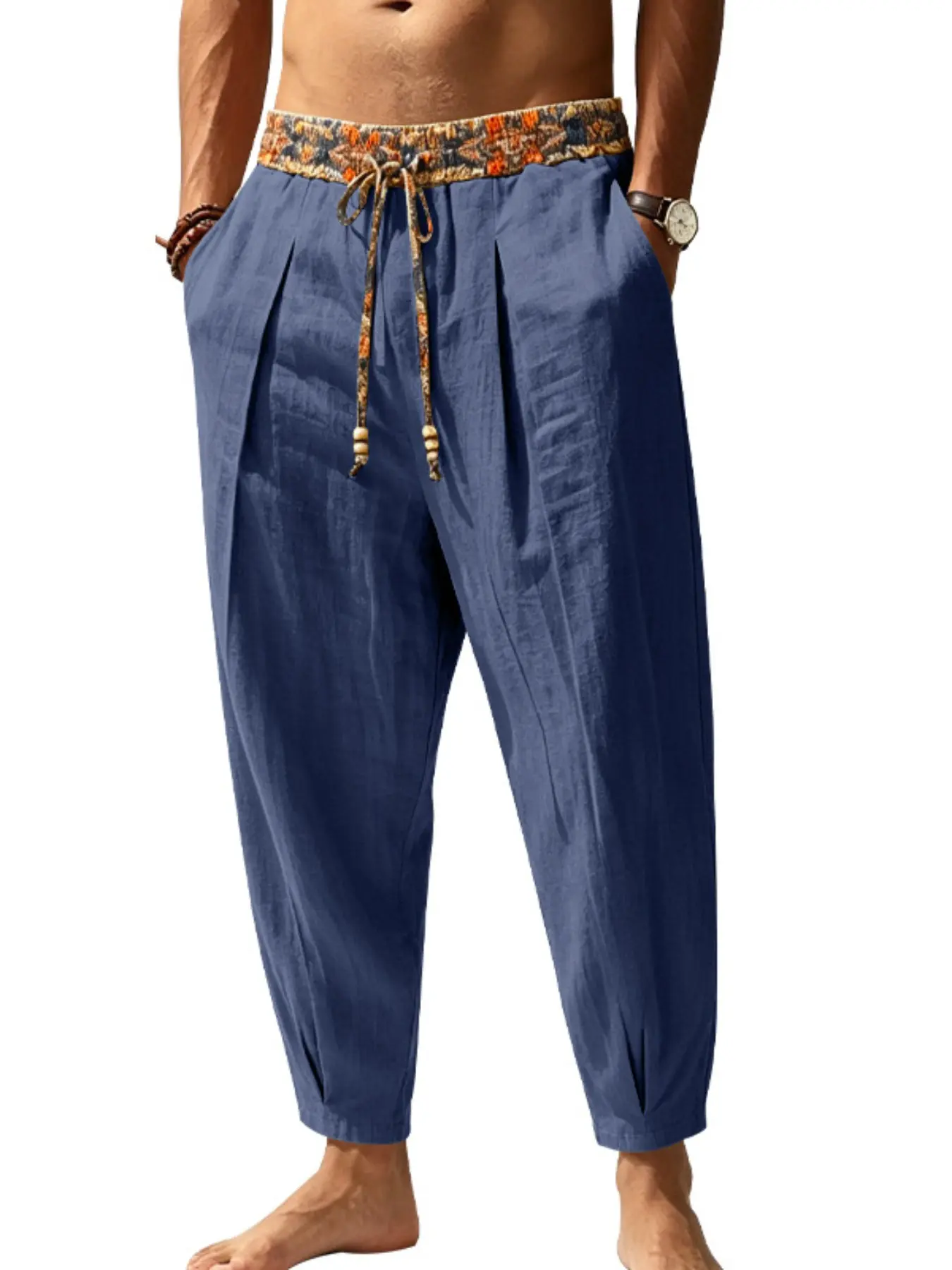Men's Linen Harem Ankle Pants, Ethnic Print Drawstring Elastic Waist Pleated Cropped Trousers, Loose Breathable Wrinkle Resistant Joggers for Beach Vacation Daily Casual Wear