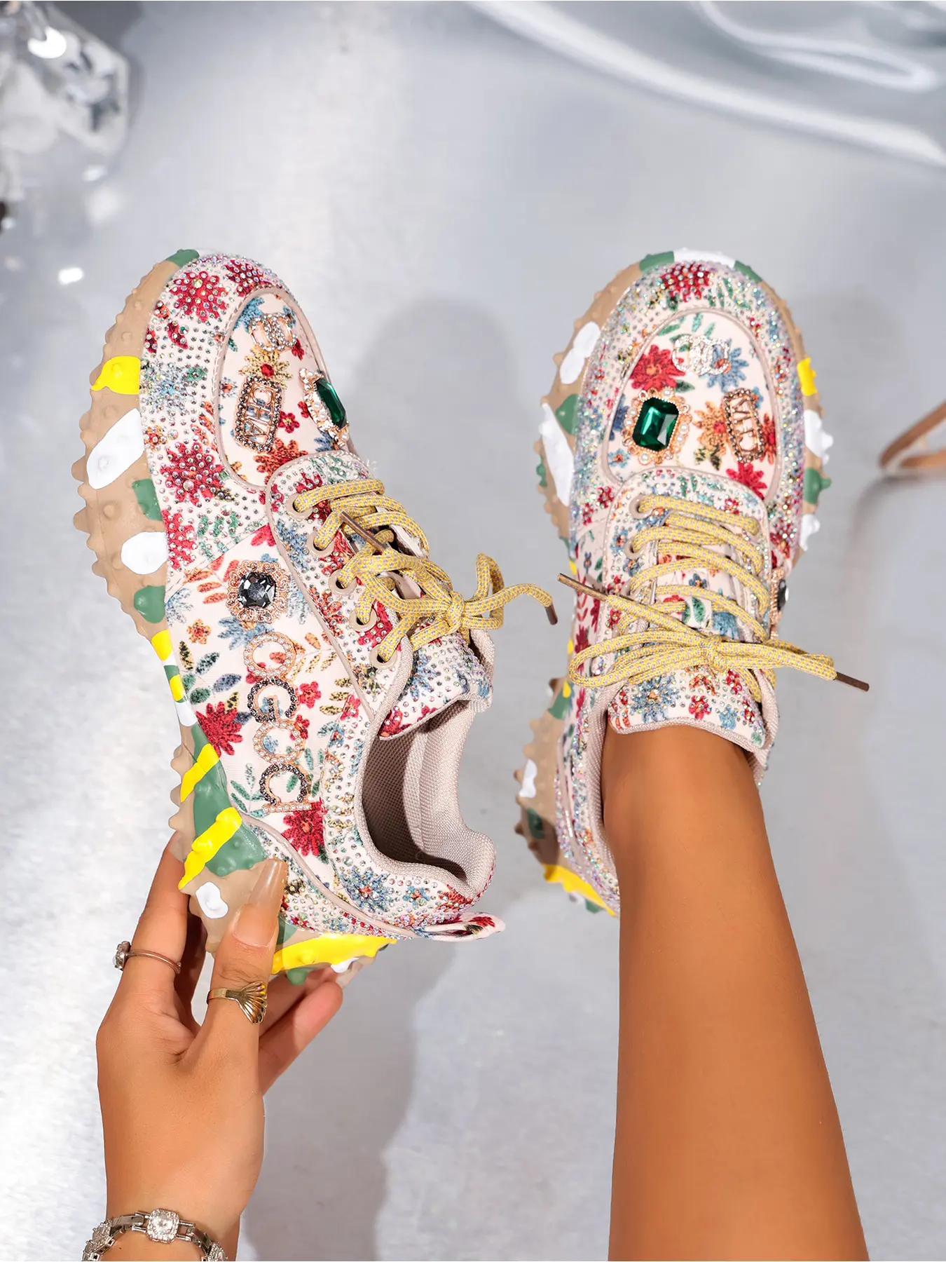 Ladies Vintage Floral Print Rhinestone Gem Chunky Thick Soled Dad Sneakers 3cm Spiked Lug Sole Khaki Yellow Lace Up Boho Summer Party Street Glitter Casual Shoes