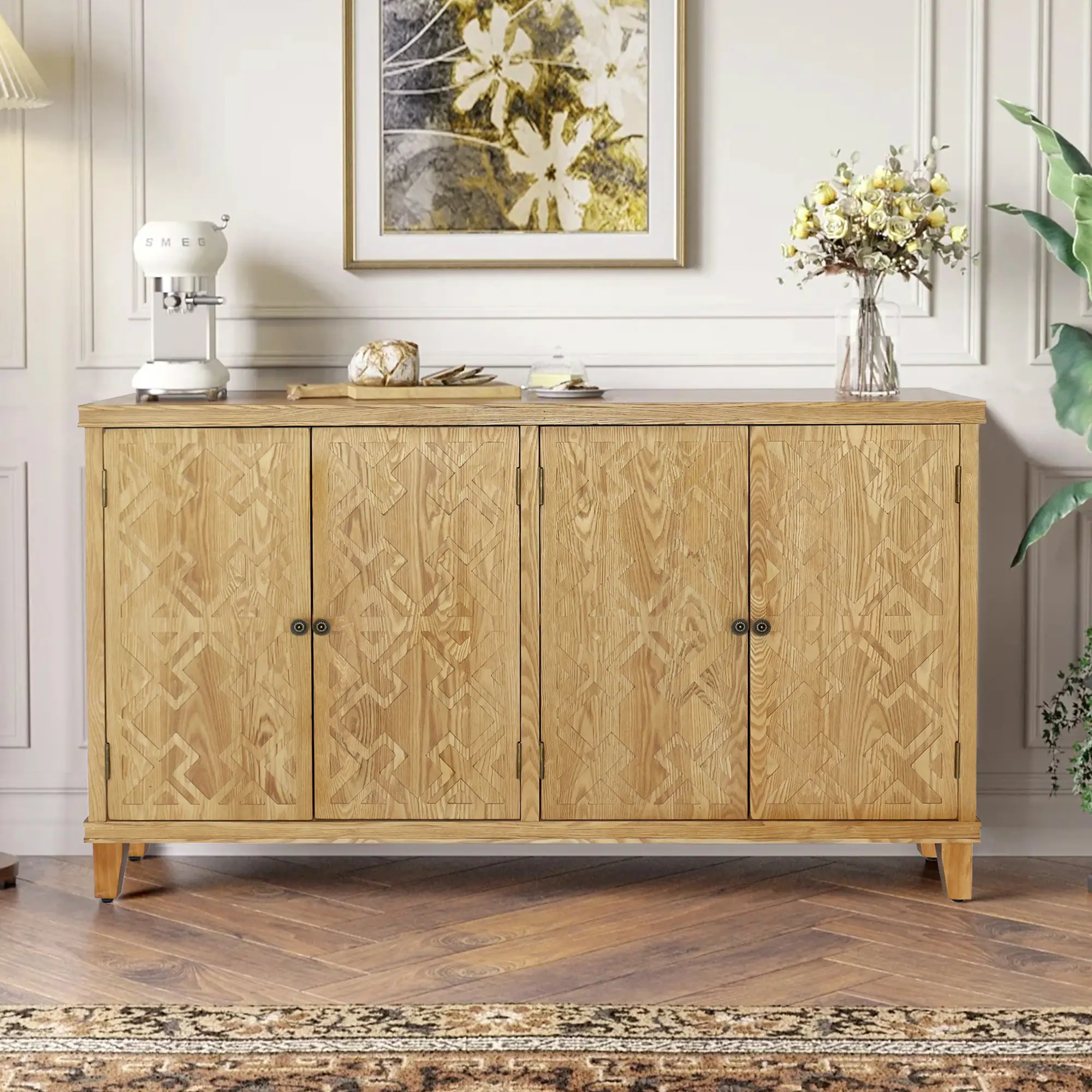 59-Inch Brown American-Style Accent Cabinet - 4-Door Natural Look MDF Wood Rectangular Buffet Sideboard, Fir Wood Painted Finish, Open Storage Media Console for Living Room, Dining Room