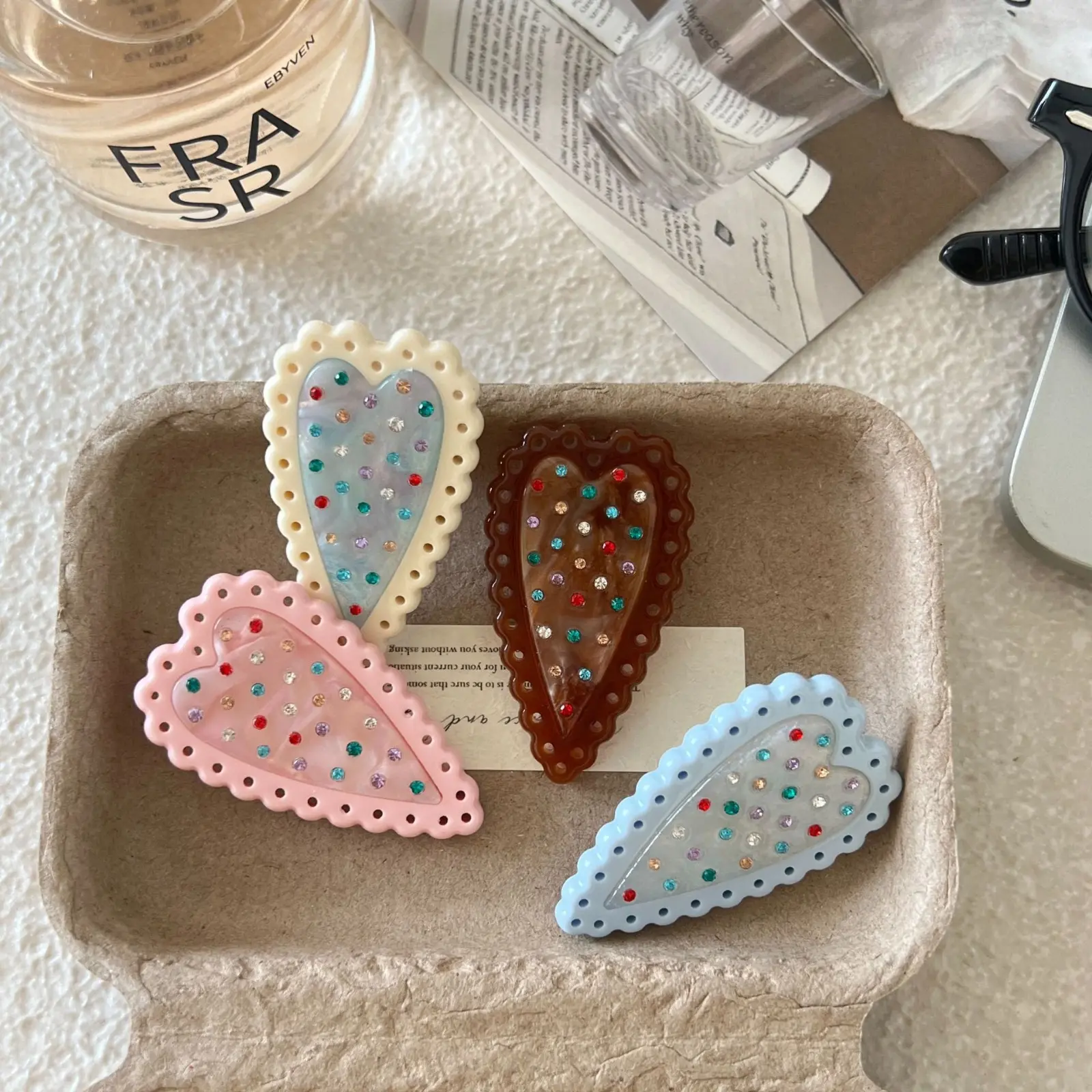 Heart Shape No Bend Hair Clip for Women, Trendy Lace Edge Acrylic Bangs Barrettes, Colorful Rhinestone Inlaid Hair Pins, Sweet Cute Hair Accessories for Daily Makeup Dating Hairstyle Decor