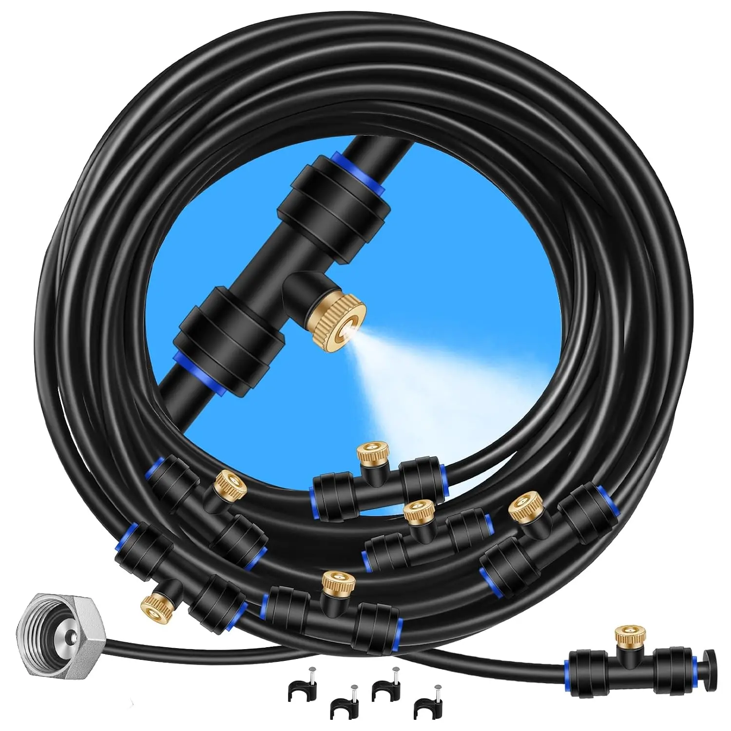 Brass Parts Pre-Assembled Misting Cooler Kit, 26FT (8M) Flexible Mist Hose, 7 Mister Nozzles, 3/4" Adapter, Leak-Proof Heat Reduction Outdoor Sprinkler for Patio Backyard, Greenhouse, Flexible Hose
