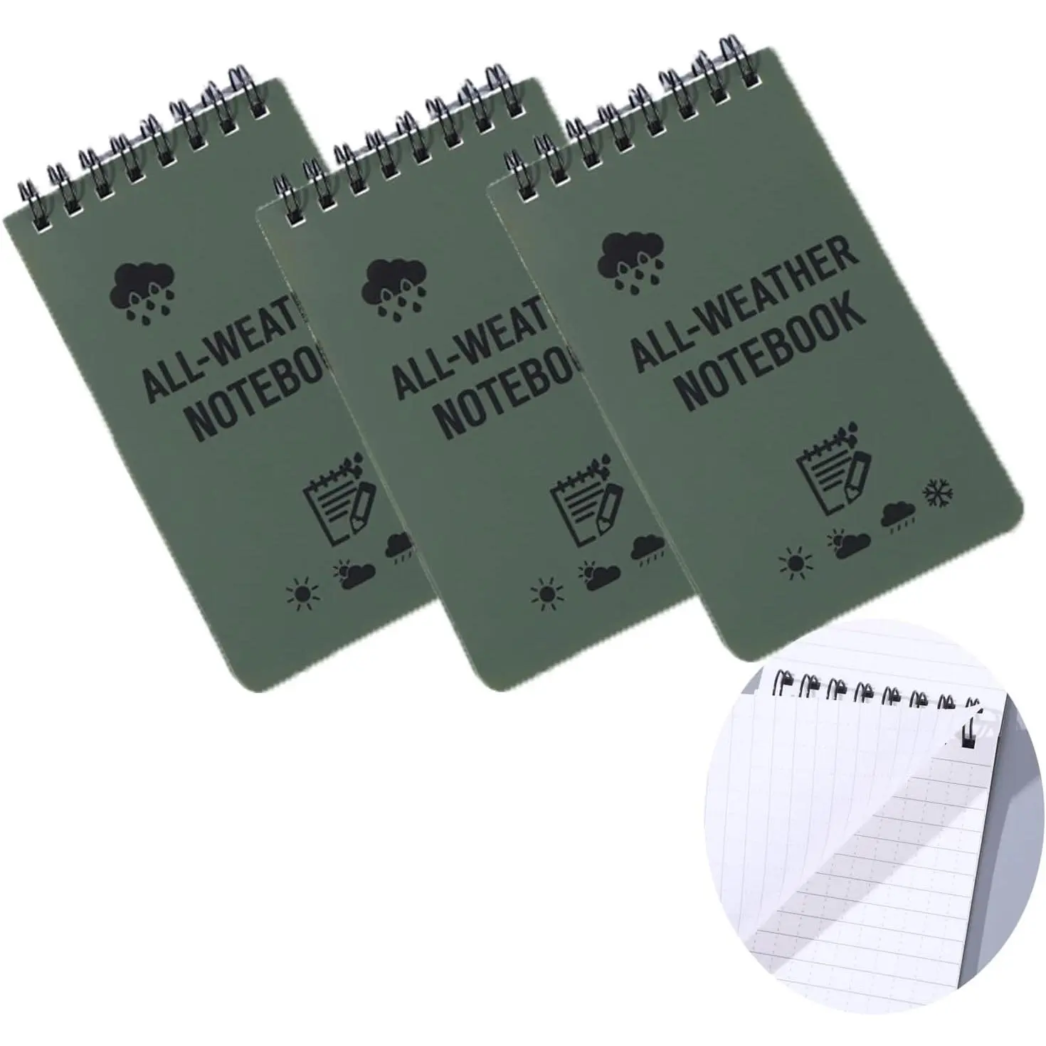 3 count  Notebooks, 3 x 5 Army Green  Notepad Write in the Rain Pocket Notebook -Weather Spiral Memo Paper Notepad  pad Green Note book.