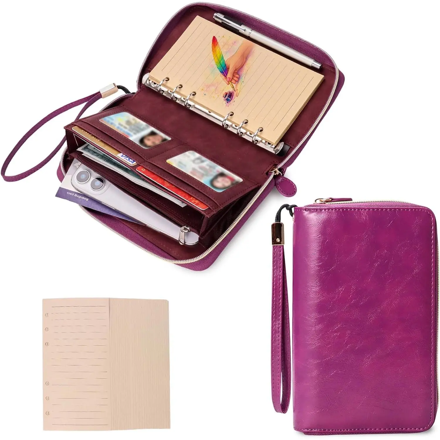 A6 Binder Zipper Budget, Planner for Travel & Study | Faux leather A6 organizer with zipper,  pouches, lined pages, card slots and pen holder for budgeting.