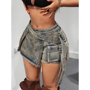 Vintage High Waist Denim Skirt Pants, Anti-Slip Sexy Shorts, Casual Fitted Design, Plain Pattern, Women's Fashion, Snug Fit, Easy Wear, Slim Fit, Lightweight, Trendy, Year Round, Modern, Seasonless, Chic