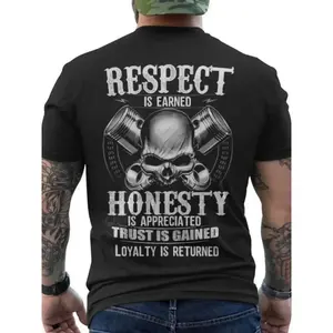 Men's Respect Is Earned Biker T-Shirt, Skull Piston Back Print Graphic Tee, Vintage Motorcycle Riding Shirt, Honesty Loyalty Quote Tee for Mechanics, Car Enthusiasts & Veterans
