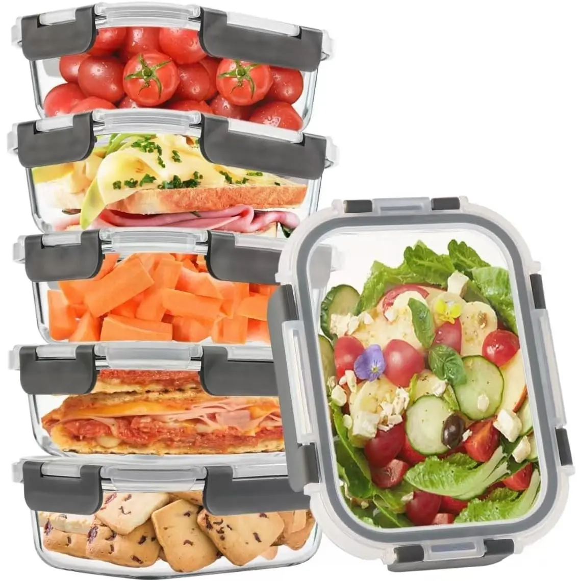 6Pack 22oz Glass Meal Prep Containers, Glass Food Storage Containers Sets with Snap Leak Proof Lids for Microwave, Oven, Freezer and Dishwasher Safe (Grey, 22oz)