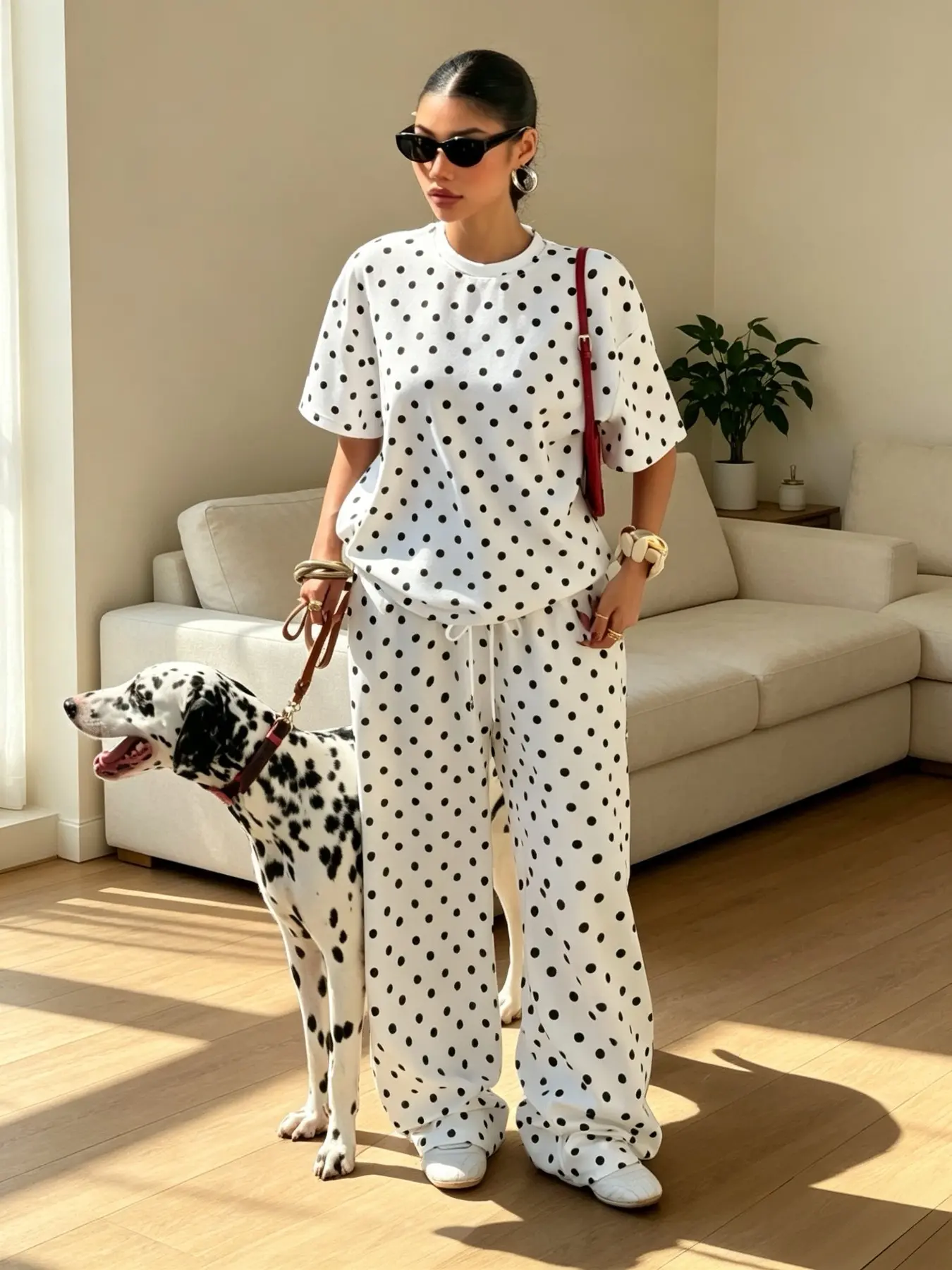 Classic Polka Dot Lazy Set, Relaxed Loose Short Sleeve + Straight Leg Pants, Home, Sleepwear & Loungewear for Women