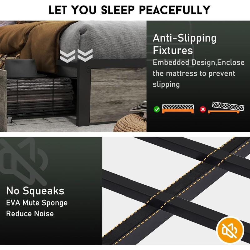 Queen Size Bed Frame with 4 Storage Drawers and Headboard with Charging Station and LED Lights,2 Tier Solid Wood Headboard Storage/Noise Free/No Box Spring Needed/Remote Control/Rustic Grey