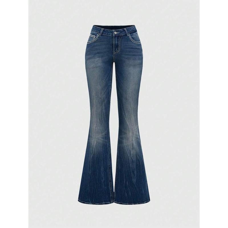 Women's Jeans - Grunge Punk Vintage, Cross Wings Embroidery, Drop Waist w/Buttons/Zipper, Slim Flared Curvy Fit - Spring/Fall Casual Daily Wear for Ladies(gift)