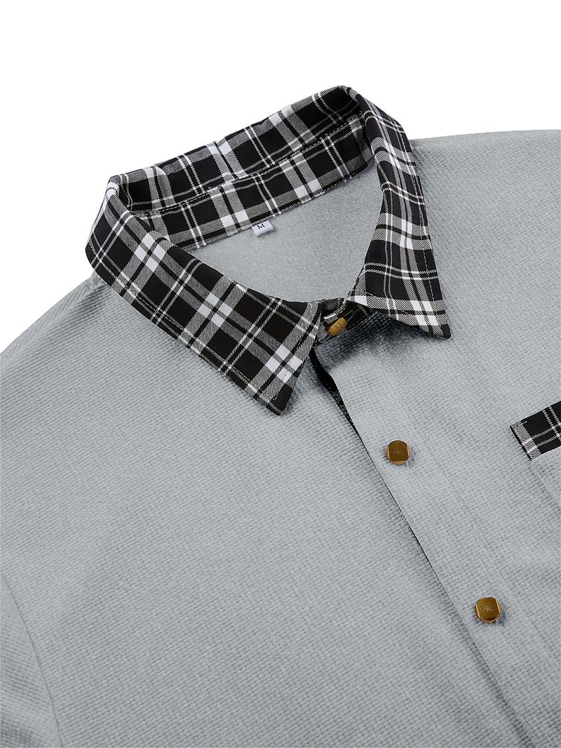 Men's textured waffle grid splicing grid metal design button long sleeved outdoor casual shirt