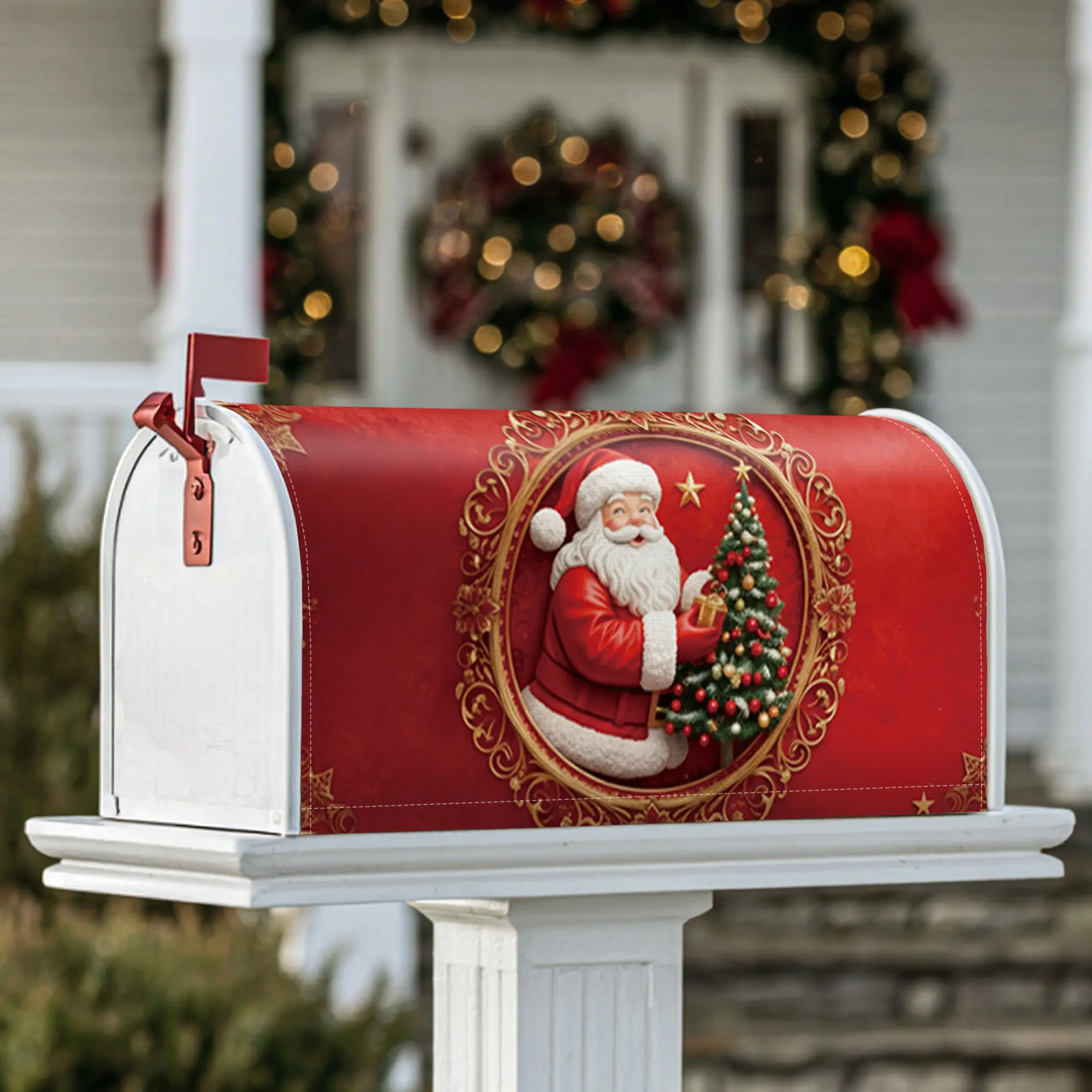 Santa Claus Magnetic Mailbox Covers, Christmas festive Christmas tree present Christmas red Mailbox Wraps for Garden Yard Decor