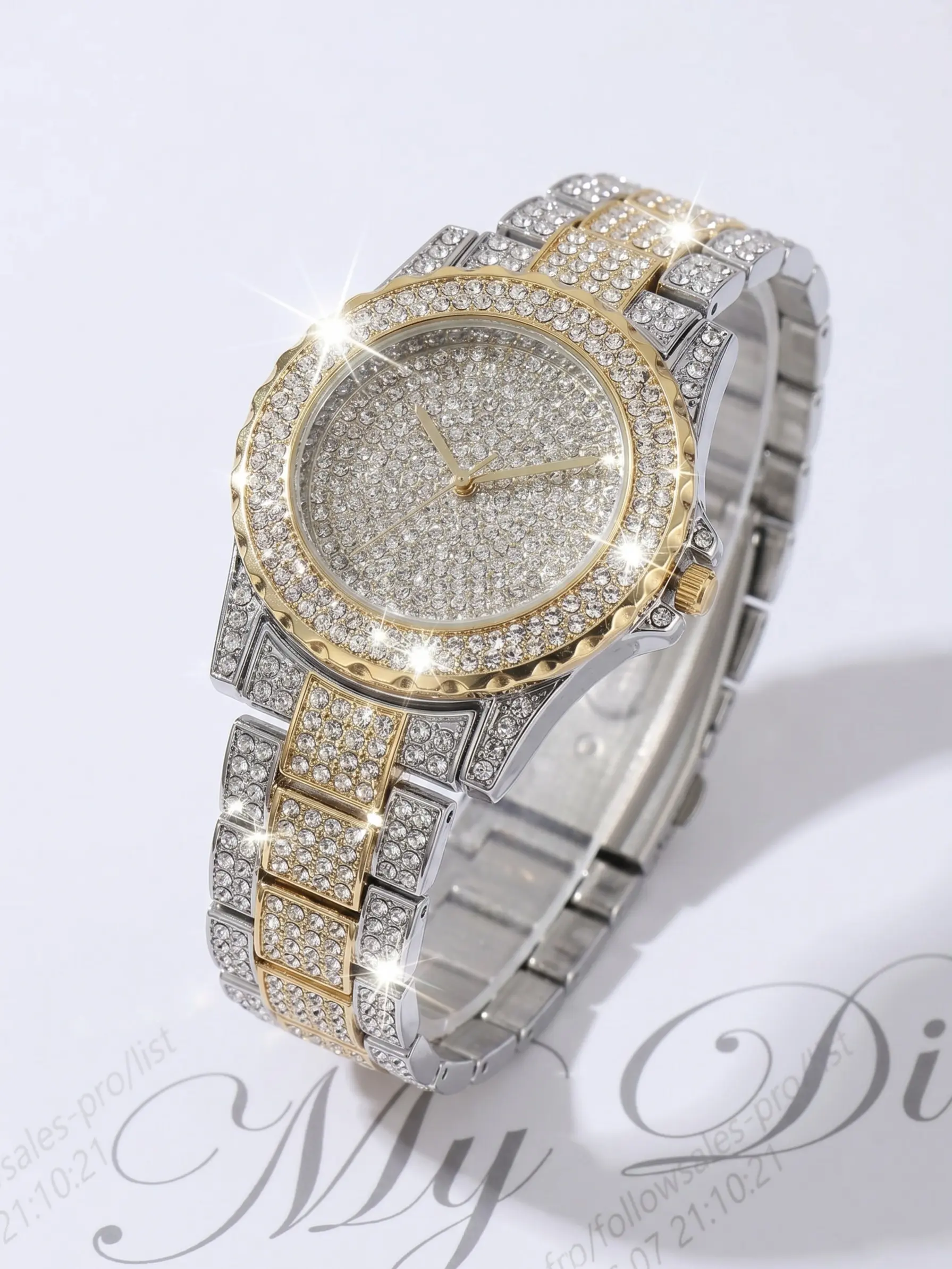 Single Full Star Disk Quartz Wrist Watch, Cool Luxury Style, Dual Layer Diamond Bezel, Teen Girls Fashion Accessory