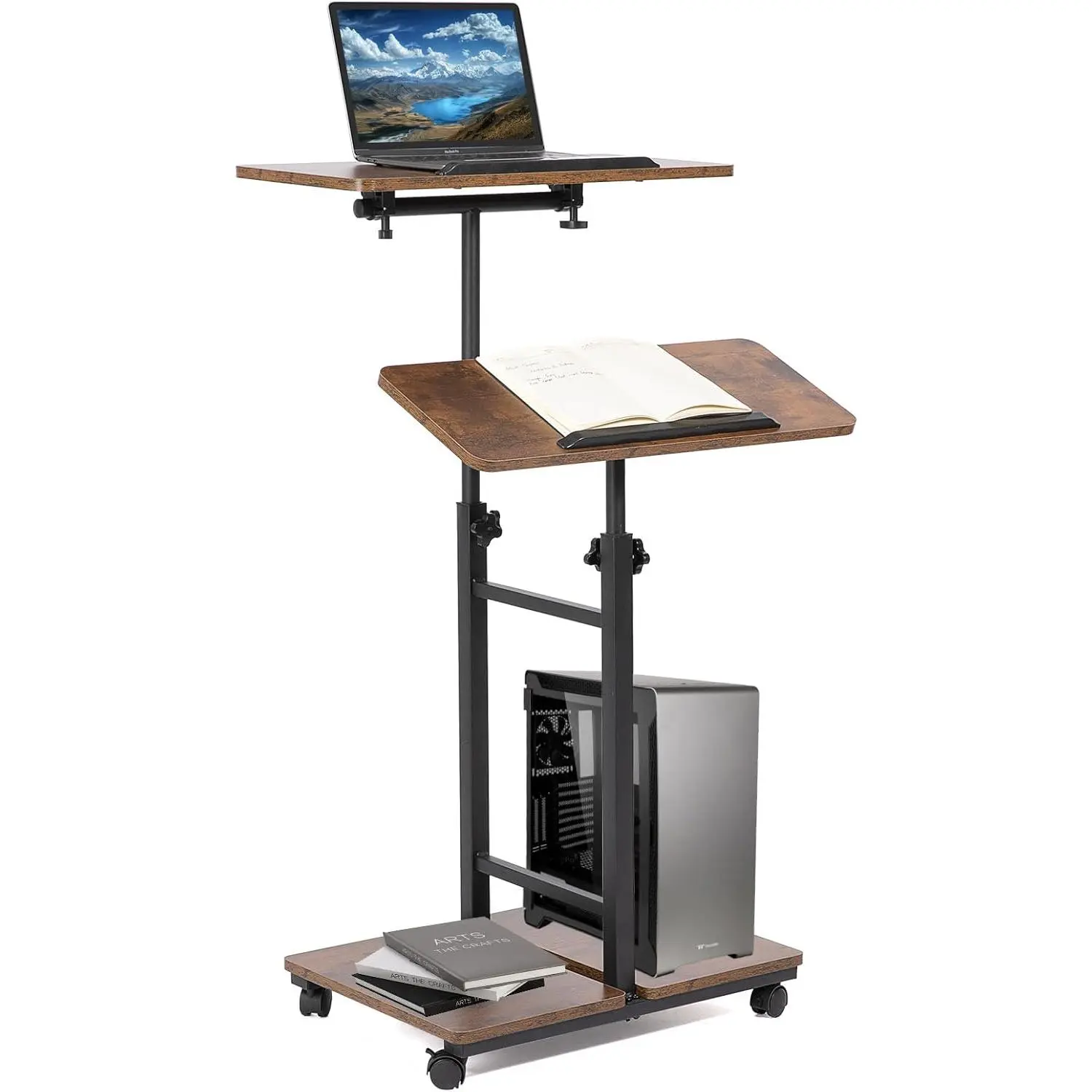 Podium Stand with Wheels, Height Adjustable Lectern Podium Stand, Rolling Portable Podium with 2 Swivel Shelves, Mobile Teacher Lectern for Classroom Church Office Presentation(Brown)