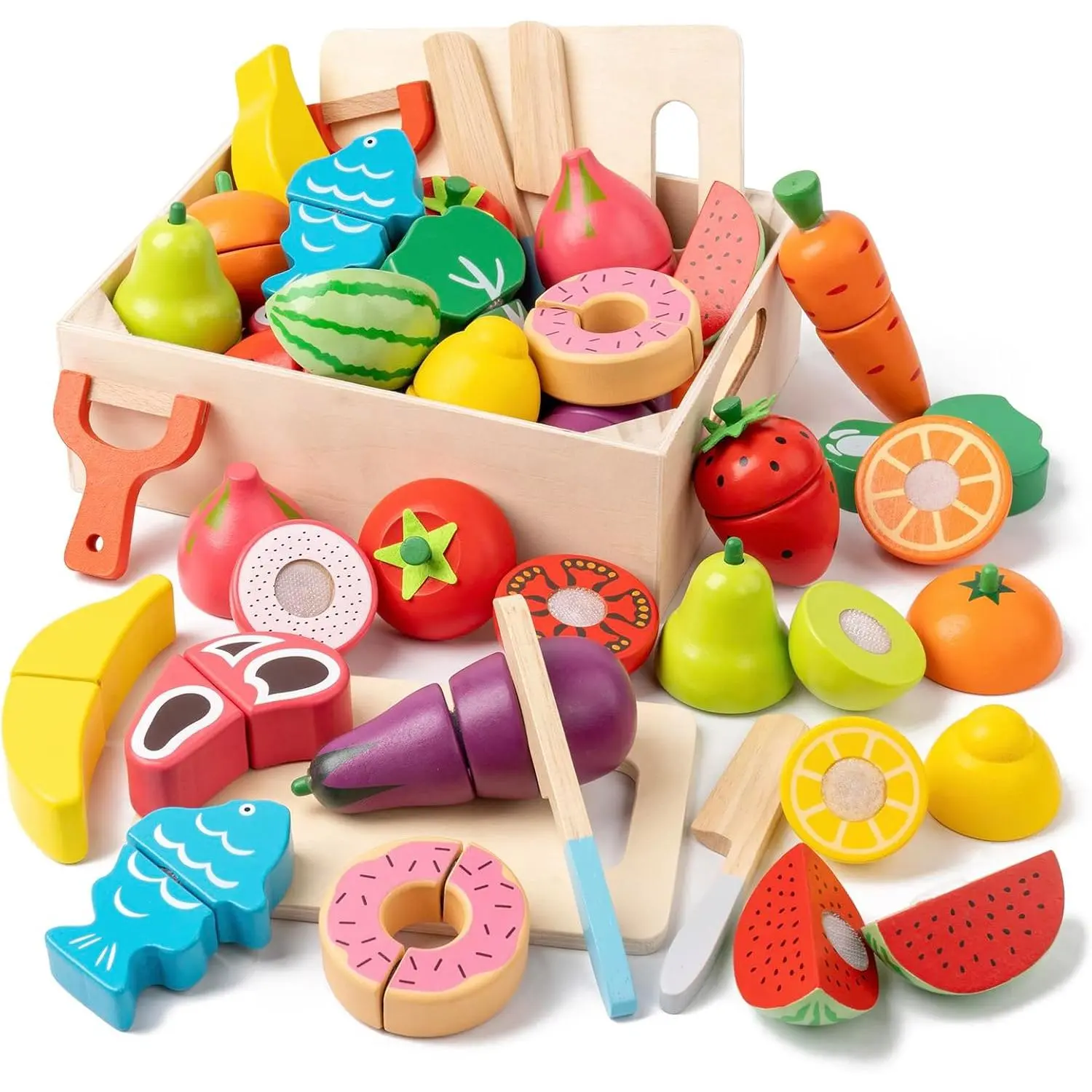 Wooden Play Food for Toddlers - 34Pcs Velcro Fruit and Veggies with Basket & Chopping Board, Play Food Sets for Kids Kitchen Accessories, Cutting Fruit Set for Ages 3+fidget toys