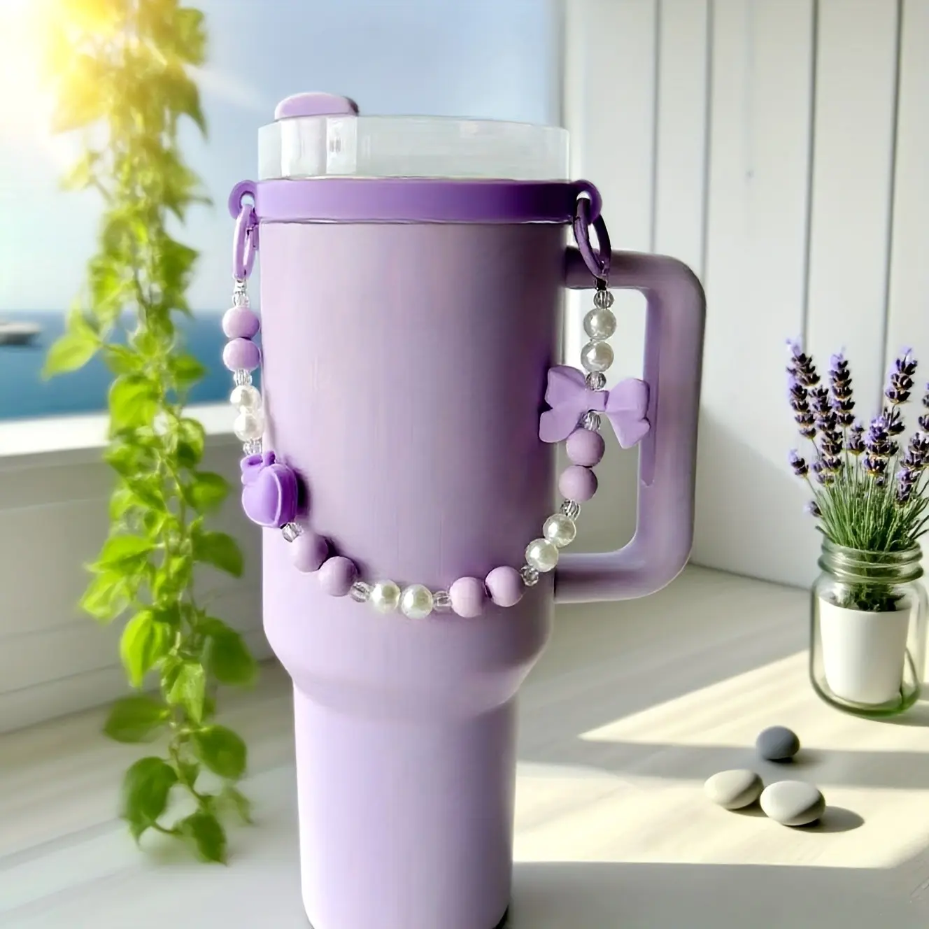 2-Pack Heart-Shaped Water Bottle Handles, French Bow with Faux Pearls, Fits 20-40oz Sports Bottles, Ideal for Fitness, Camping, Outdoor Activities
