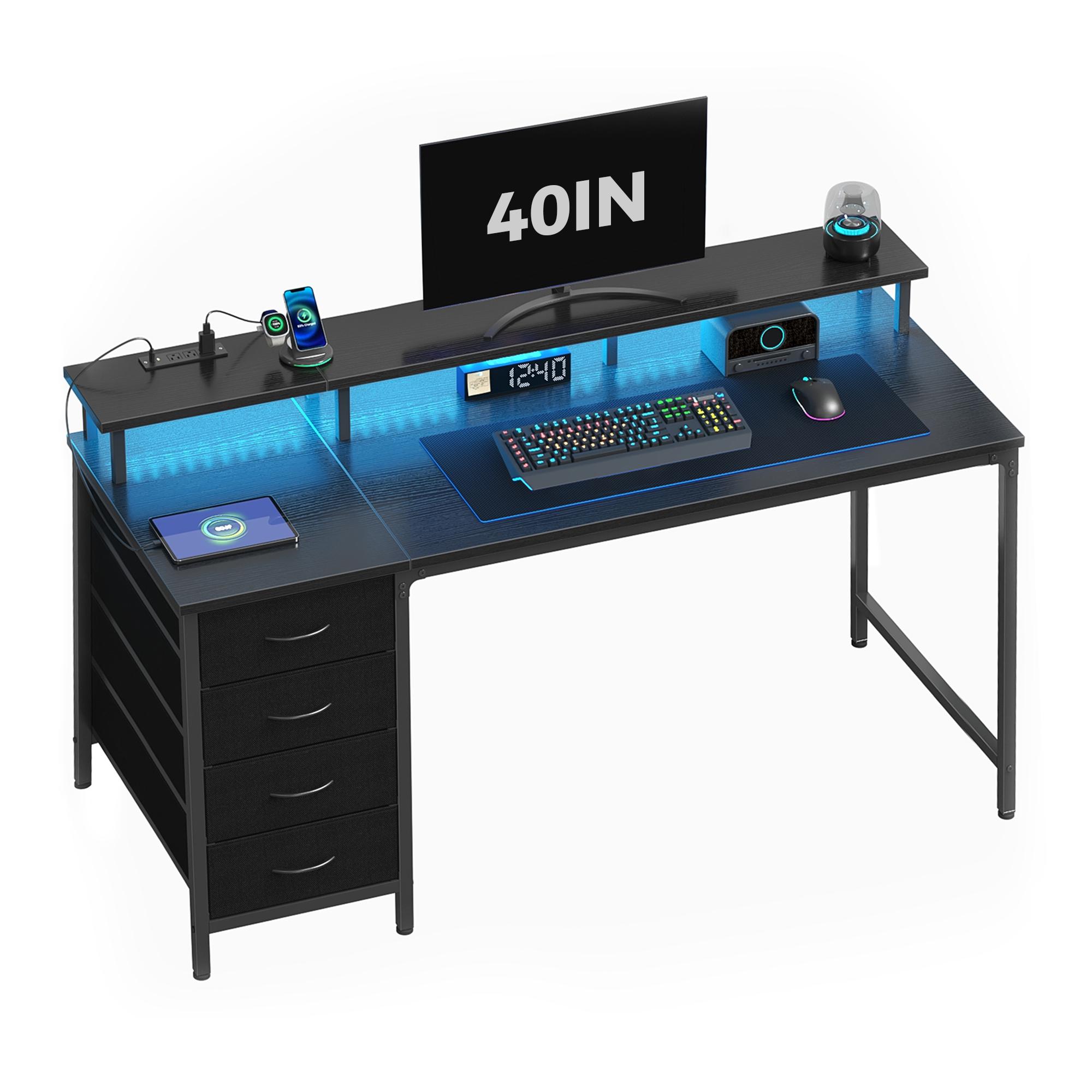 Gaming Desk with LED Lights USB Type C Charging Station, Computer Desk with 4 Drawers Monitor Stand Storage for Home Office