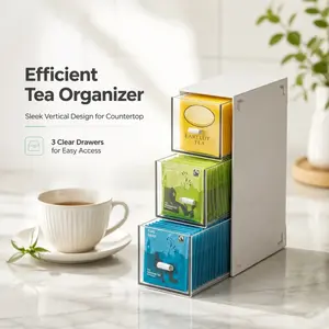3-Tier Transparent Drawer Organizer with multiple compartments. Easy access to items, ideal for storing coffee capsules, tea bags and small kitchen gadgets.