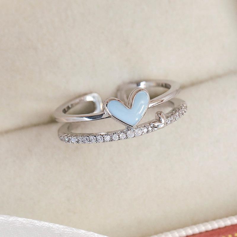 Spring and summer macaron-colored oil-drip flower heart ring with zircon inlay, open niche ring for women, personalized index finger ring