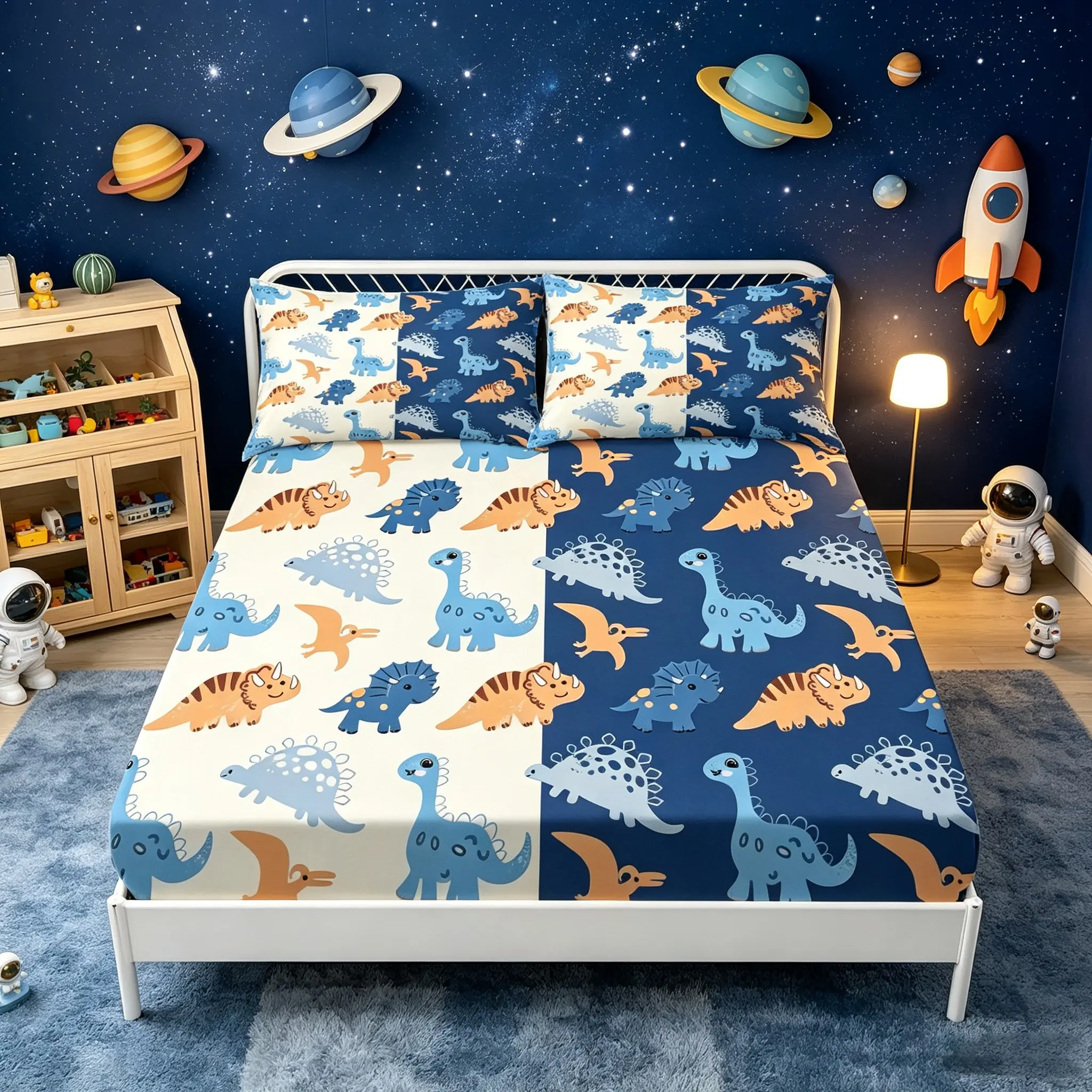 3-piece fresh blue and white color-blocked dinosaur bed linen set, cartoon boy anti-slip bed cover, bedroom children's bedding set, including 1 fitted sheet and 2 pillowcases without pillow cores
