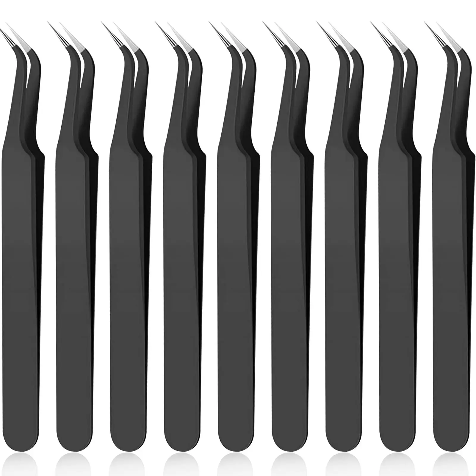 9pcs Curved Tip Eyelash Extension Tweezers, Stainless Steel Pointed Tip Tweezers with Protective Cover, Precision Beauty Tools