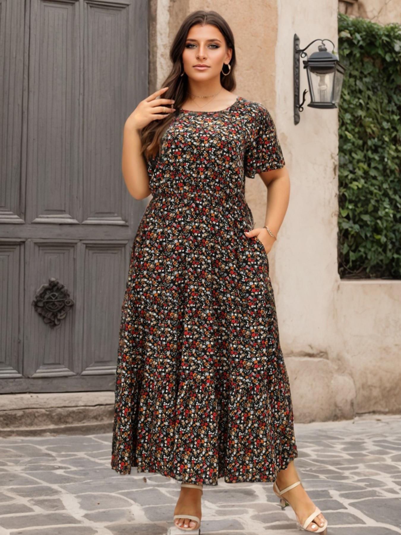 [Plus Size] Ditsy Floral Print Round Neck Dress, Boho Bohemian Style Casual Short Sleeve Long Dress for Daily Holiday Vacation Wear, Women's Clothes for Spring & Fall
