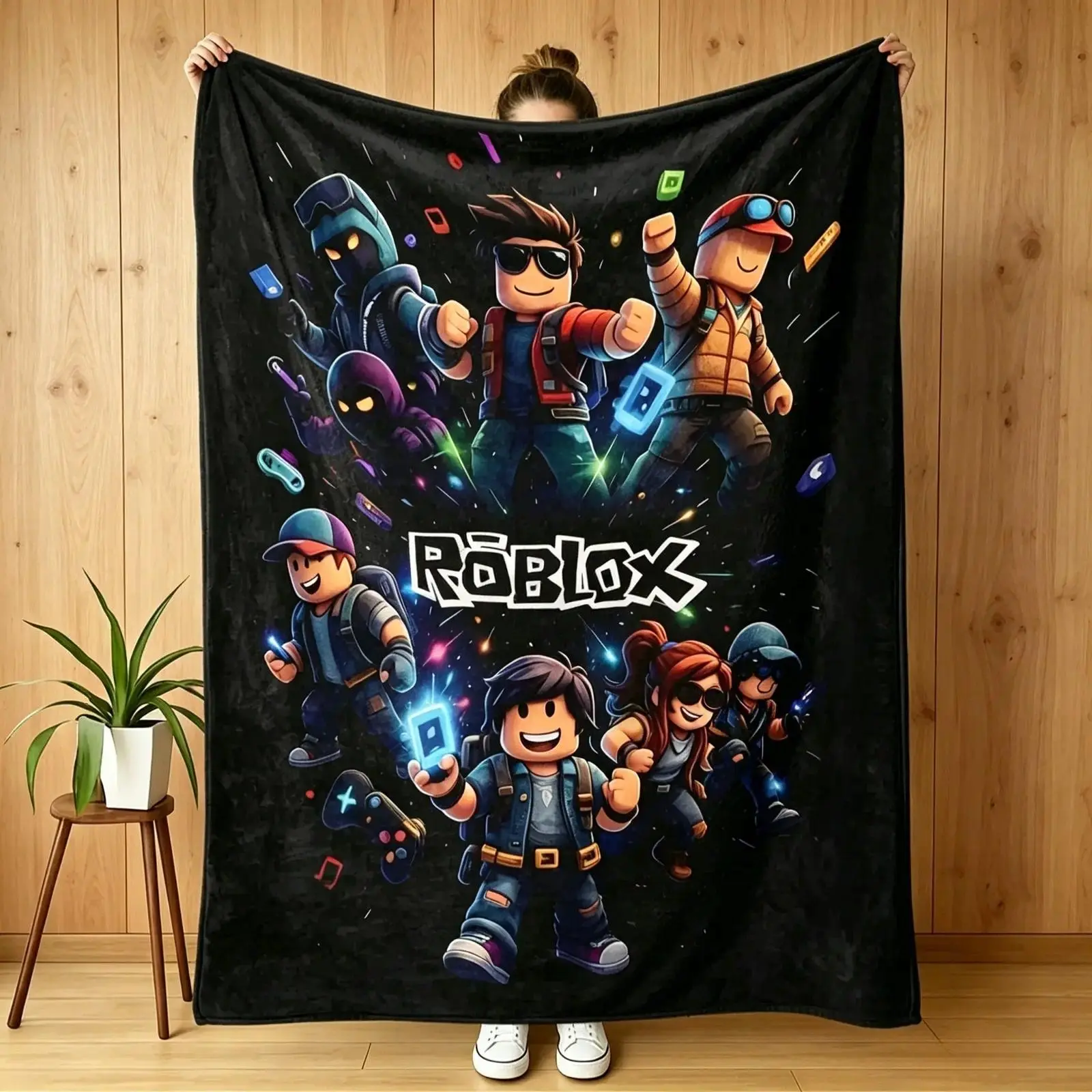 Polyester Gaming Theme Cooling Flannel Throw Blanket - Block Game-Inspired Pixel World Aesthetic Plush, Lightweight AC Blanket for Kids, Home & Travel Use