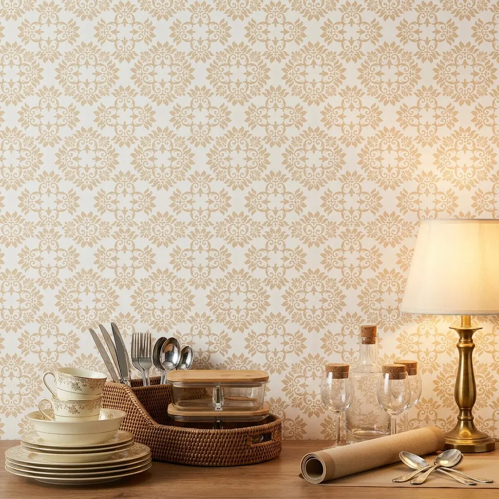 1 Roll 44.5cm/17.5in Width Champagne Gold Damask Wall Decals, Self-Adhesive Light Luxury European Vintage Decorative Wallpaper, Waterproof Furniture Decor Stickers, Easy to Cut & Install Wall Decor, for Bedroom Living Room Bathroom Cabinet Wall Home Decor