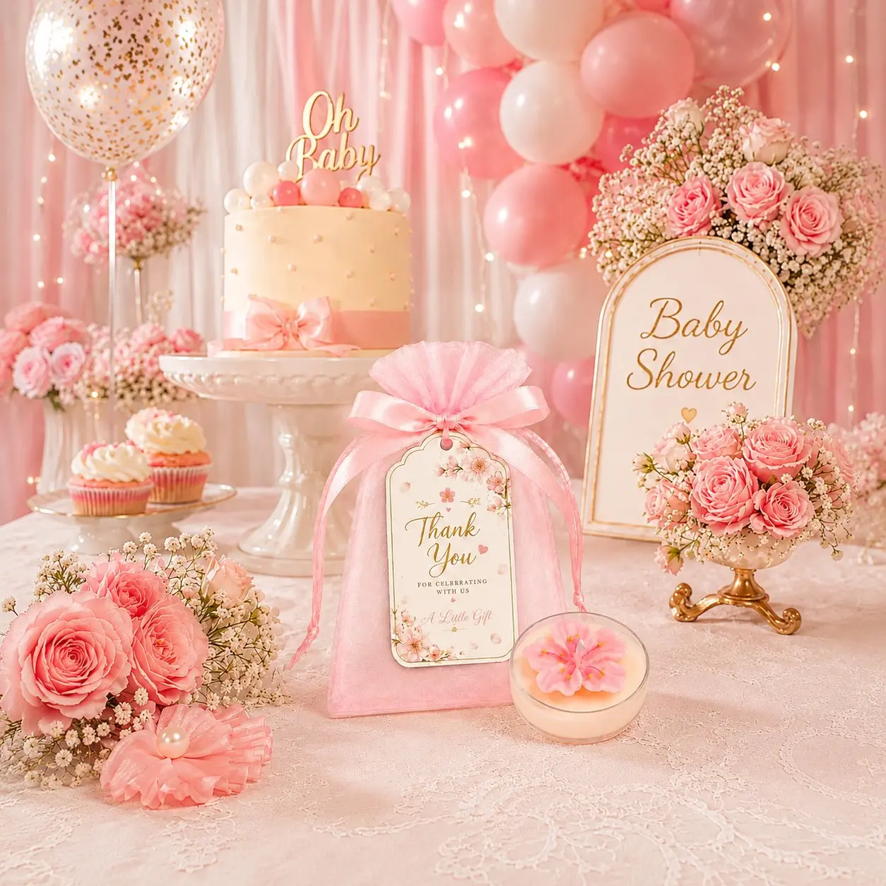 24pcs/8sets Baby Shower Favors for Guests, Pink Flower Candle Gift Sets with Organza Bags and Thank You Tags, Baby Girl Shower Party Gifts, Gender Reveal, Baptism and Christening Favors, First Birthday and Newborn Welcome Keepsakes
