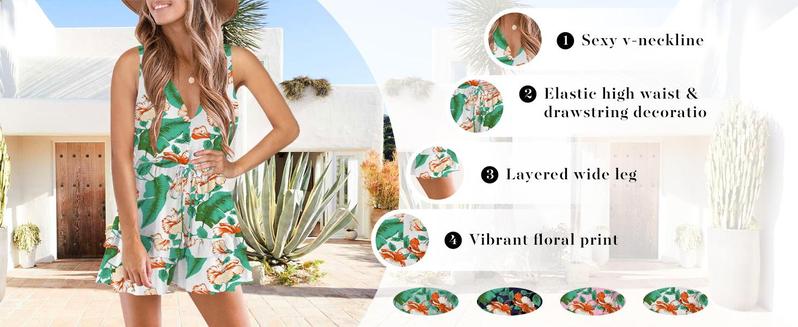 FMEYOA Womens V Neck Beach Tank Rompers Flowy Ruffle Layered Shorts Jumpsuit High Waist