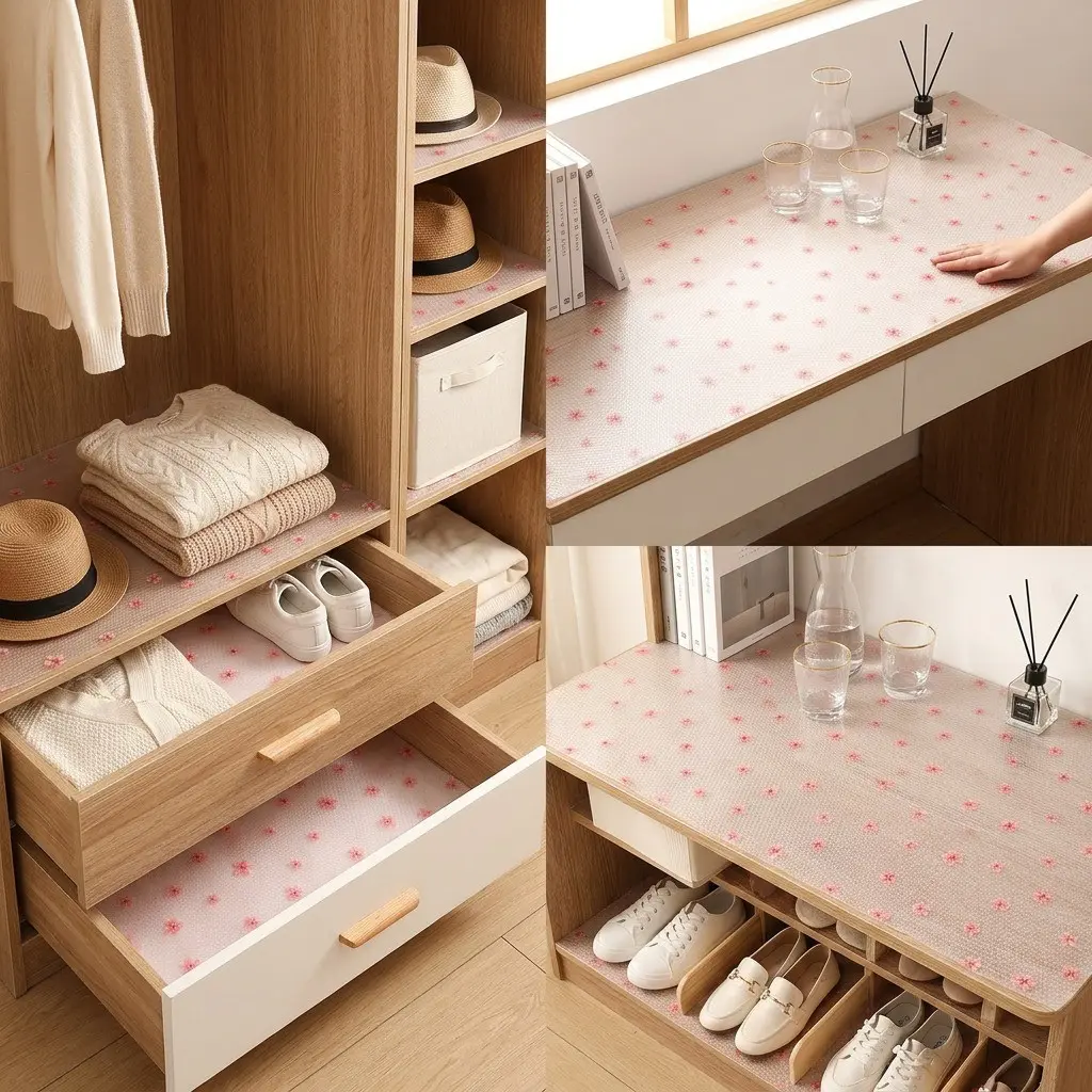 Eva Kitchen Cabinet Lining, Non-Stick Waterproof Oil-Resistant, Cherry Blossom Design, Easy Clean Durable, Anti-Slip Shelf Protector