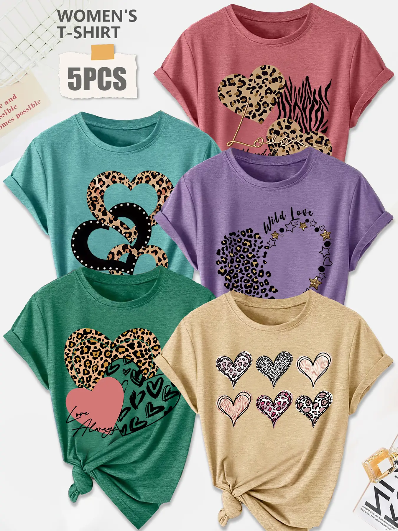 5Pcs Women Crew Neck T-Shirt, Leopard Zebra Print Wild Love Heart Vintage Print, Multi-color Washable Spring Summer Top, Soft Skin-friendly Fabric Daily Versatile Fashion Design