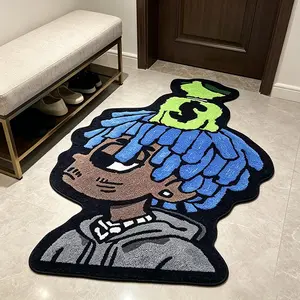 American Cartoon Blue Hair Boy Rug, Soft Plush Bedroom Bedside Carpet, Hip-Hop Character, Easy to Clean, for Living Room, Bedroom, Lounge Area