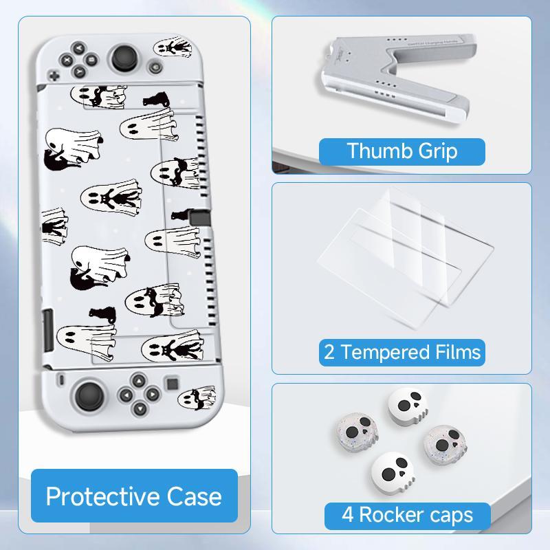 Ghost Pattern Game Console Accessories Set, Game Console Protective Cover with Tempered Film & V-shaped Grip & Rocker Cap, Console Accessories for Switch OLED/NS