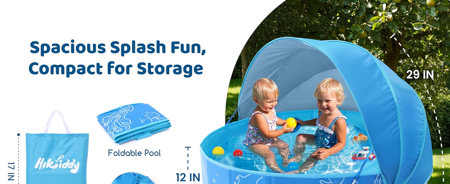 Foldable Kiddie Pool with Canopy: 47in Baby Pool and Beach Tent for Toddlers Infants 6-12 Months and Kids 2-4 Years Old - Portable Water Play with Shade for Outdoor Backyard Beach (Blue-Blue)