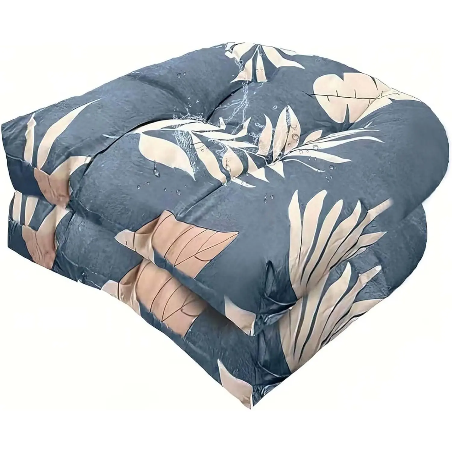 Set of 2 Outdoor Indoor U Shaped Wicker Seat Cushion with Floral Tufted Design - Decorative Chair Pad for Patio Garden Home Office Furniture, Blue Grey