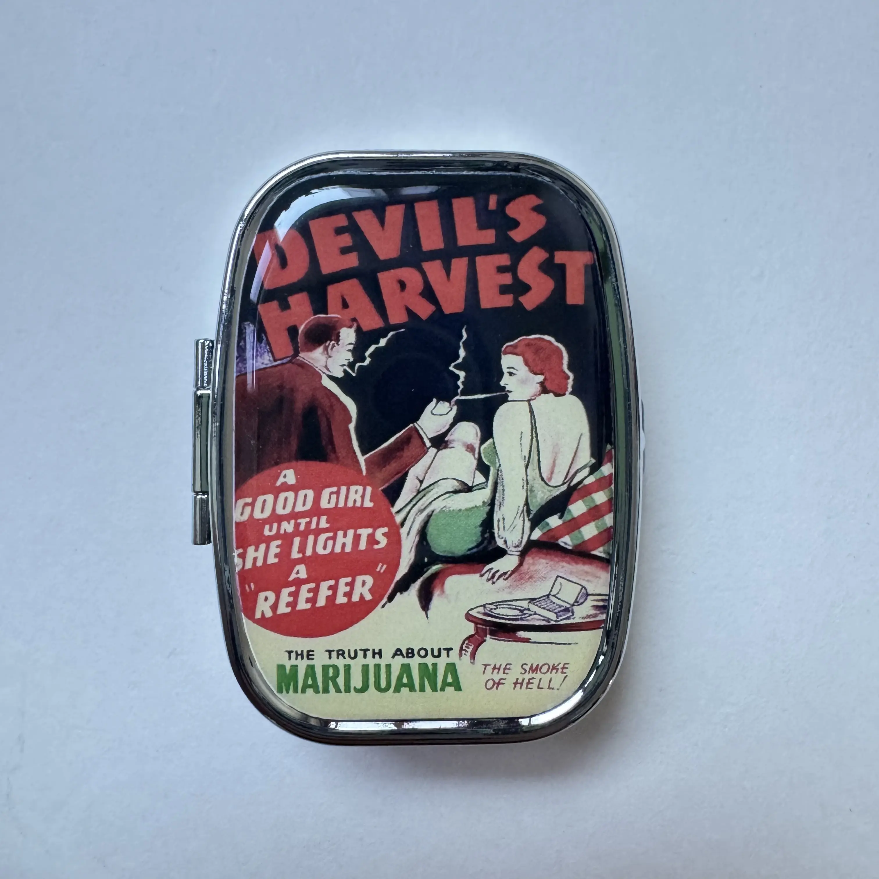 Glossy Metal Pill Organizer - Devil's Harvest Marijuana Vintage Ring Trinket Design, Flip-Top Snap-Button Prop 65 Safe Stash Case with Divided Compartment, Supplement Holder, Portable Vitamin Keeper, Medical Storage for Parents, Supplement Organizer