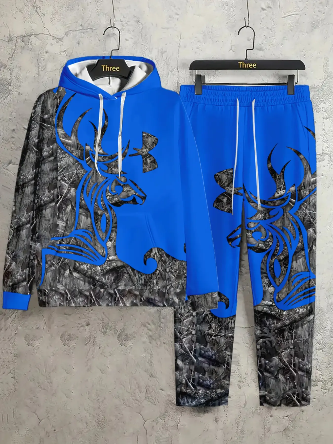Men's 2-Piece Set Hunting Moose Camouflage Hoodie, Outdoor Jungle Deer Print Colorblock Hooded Shirt Pants, Casual Sport Daily Wear