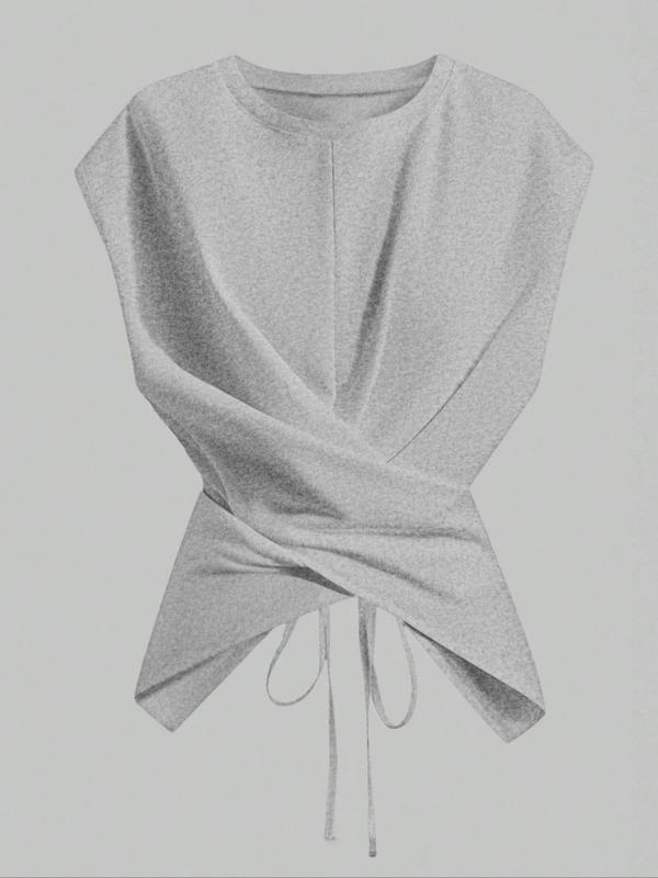 Women's Knitted Round Neck Drop Shoulder Sleeve T-Shirt, Fashion Casual Chic Asymmetrical Ruched Cross Cutout Back Tie Top