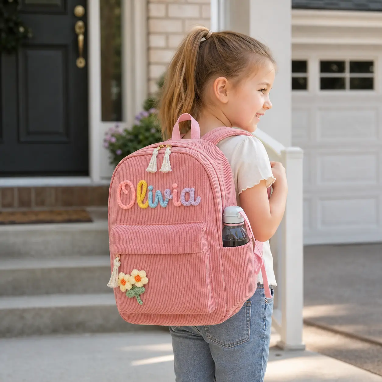 Personalized Name Backpack with Raised Letter Design, Cute Ribbed School Bag with Front Pocket