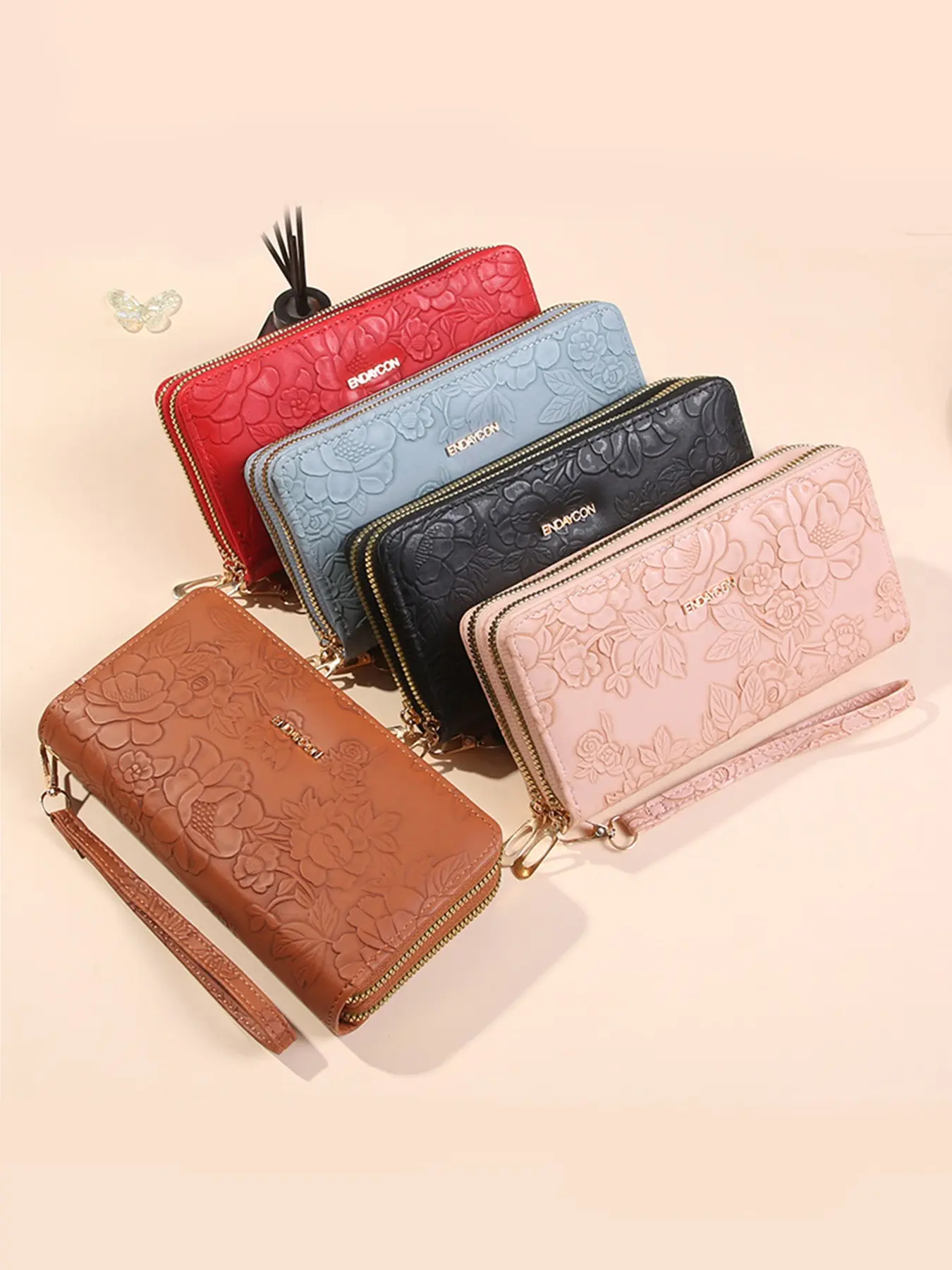 1PC Women Embossed Floral Faux Leather Long Wallet, Double Zipper Large Capacity Wristlet Clutch Purse Wristlet Wallets, Multi Card Slot Billfold Wallet Flower Pattern Wallet with Detachable Hand Strap for Travel Shopping Daily Use