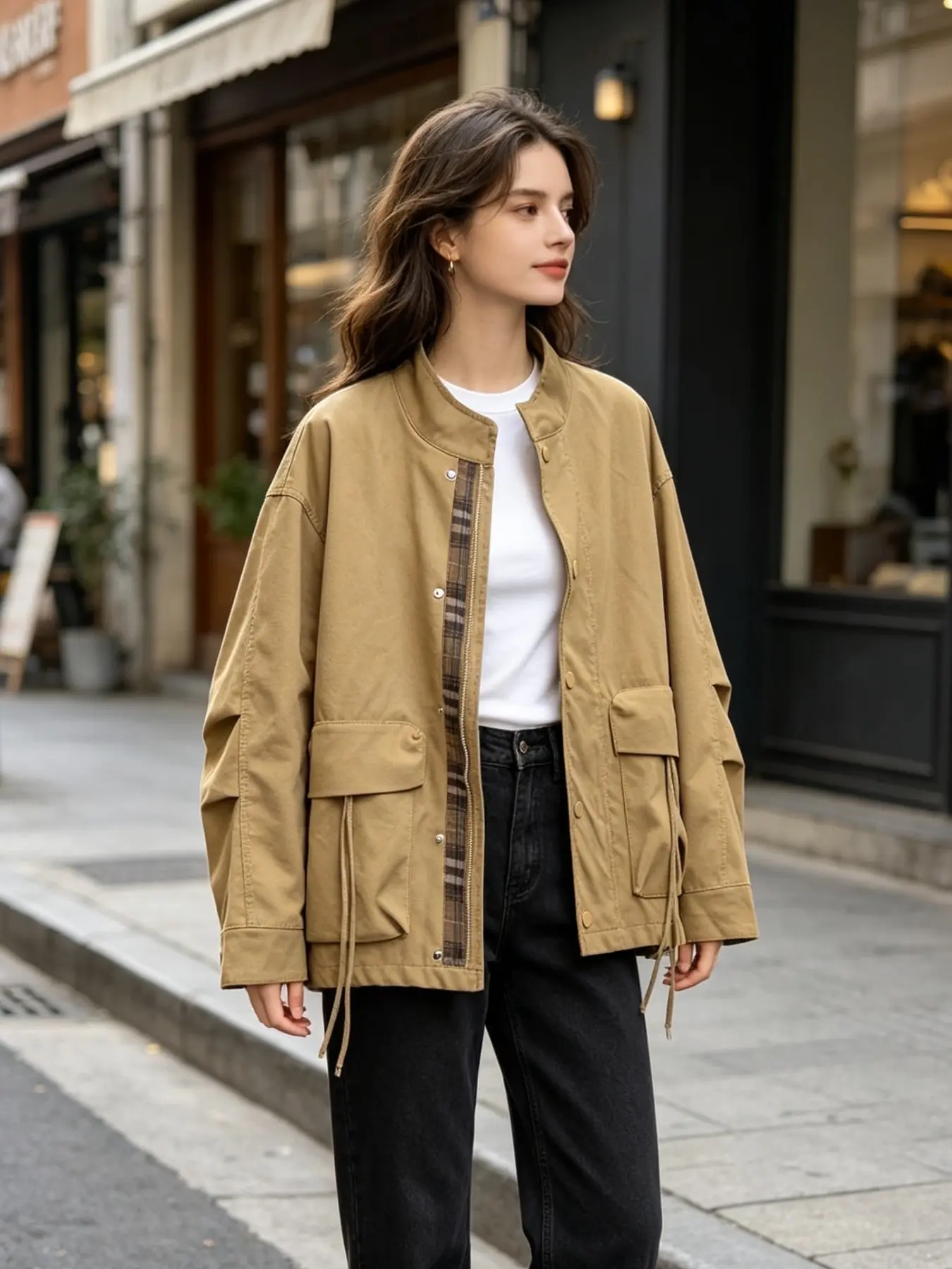 Women's Casual Stand Collar Jacket, Drawstring Waist, Large Pockets, Windproof Street Style Outerwear, Loose-Fitting Top with Zipper