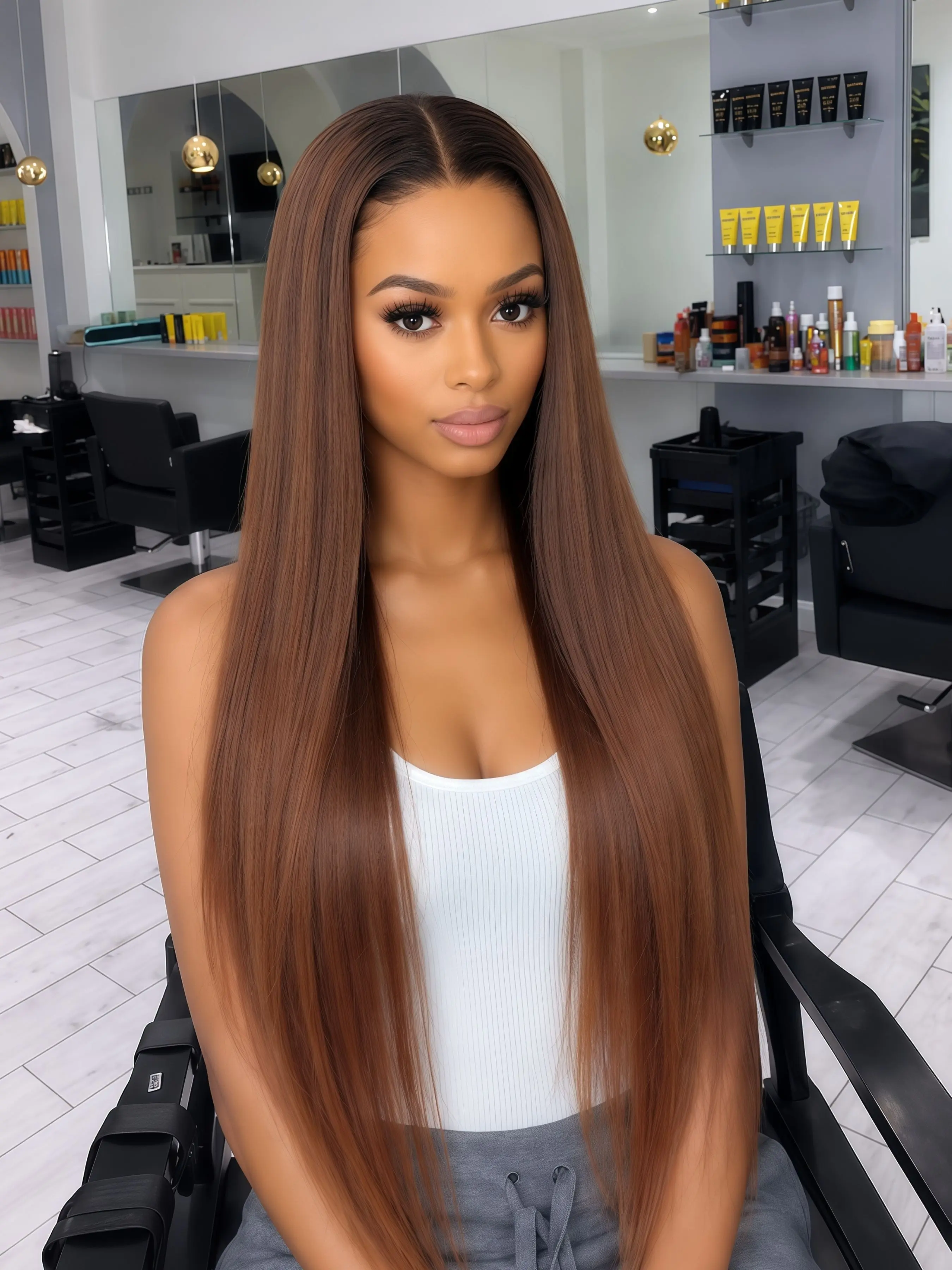Ombre Honey Brown Wig with Dark Roots, 13x4 HD Transparent Lace Frontal Wig, Pre-Plucked Straight Synthetic Wig, Lace Hairline Wig, Free Part Sleek Festival Hair Wig for Music Festivals and Coachella Outfits 28 Inch