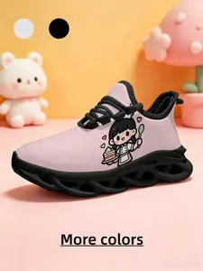 1 Pair Kids Soft Elastic Non-Slip Sports Shoes, Light Pink Little Chef Cartoon Print, Children's Day Gift, Daily Casual Shoes